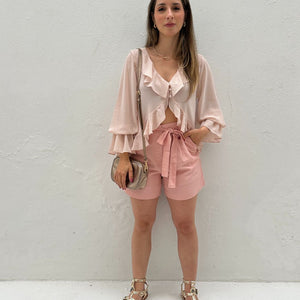 Bata Boho com Babados e Botão Rosa Tulipa