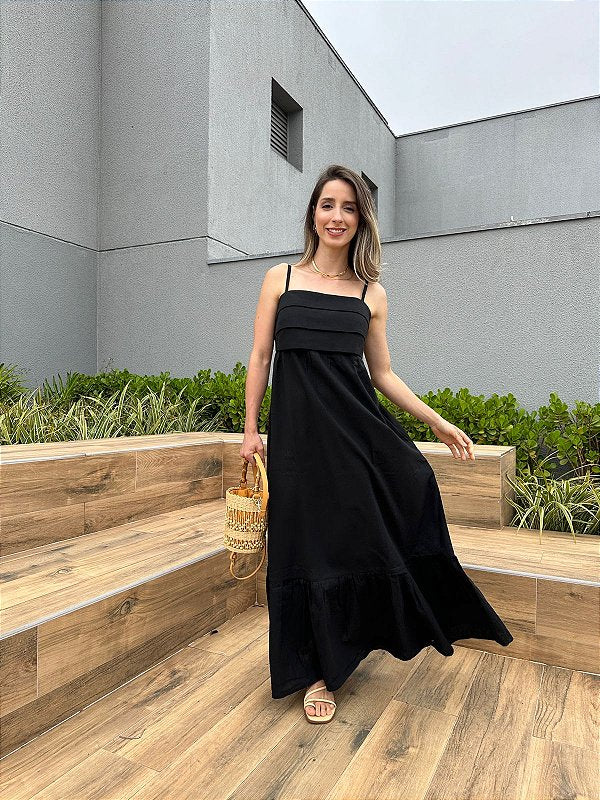 Vestido longo viscolinho de alça decote com camadas preto Jabuticaba