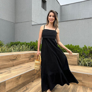 Vestido longo viscolinho de alça decote com camadas preto Jabuticaba