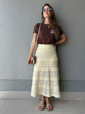 Saia Tricô Evasê com Detalhes Rendados Amarílis