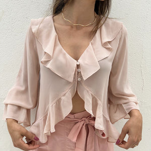 Bata Boho com Babados e Botão Rosa Tulipa