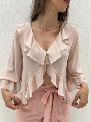 Bata Boho com Babados e Botão Rosa Tulipa