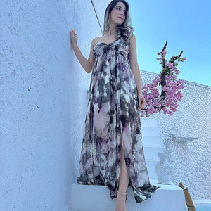 Vestido fluido com alças estampa abstrata Açaí