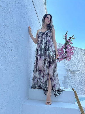 Vestido fluido com alças estampa abstrata Açaí