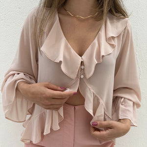 Bata Boho com Babados e Botão Rosa Tulipa