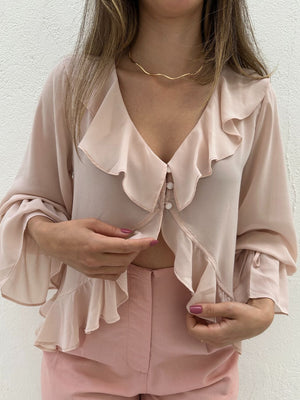 Bata Boho com Babados e Botão Rosa Tulipa