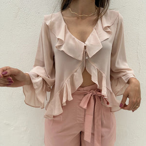 Bata Boho com Babados e Botão Rosa Tulipa