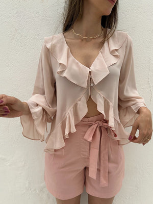 Bata Boho com Babados e Botão Rosa Tulipa