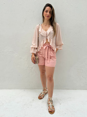 Short Solto Viscolinho Alfaiataria com Cinto Rosa Azaléia