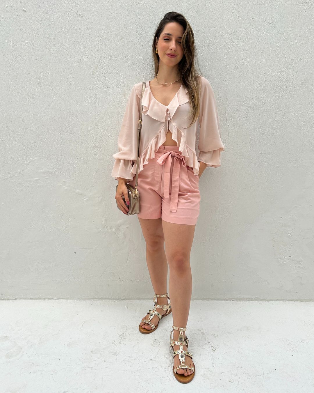 Short Solto Viscolinho Alfaiataria com Cinto Rosa Azaléia