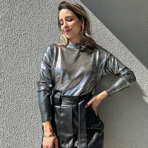 Blusa tricot preta metalizada com foil prata Hortênsia