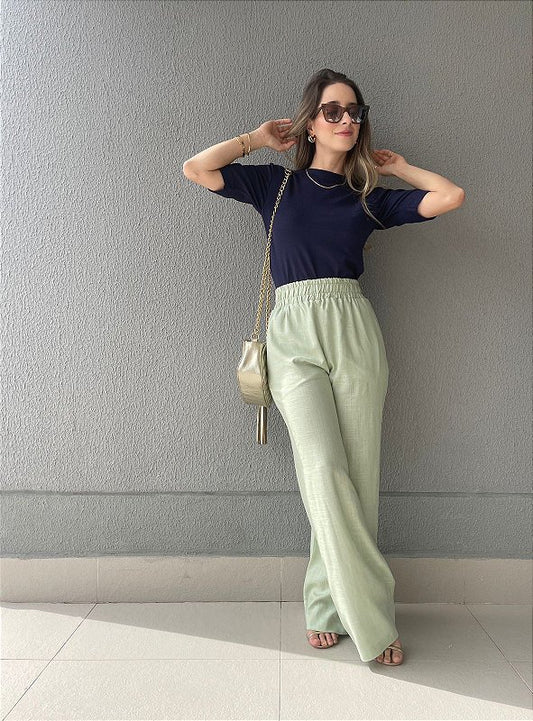 Calça reta de cambraia com elástico Menta