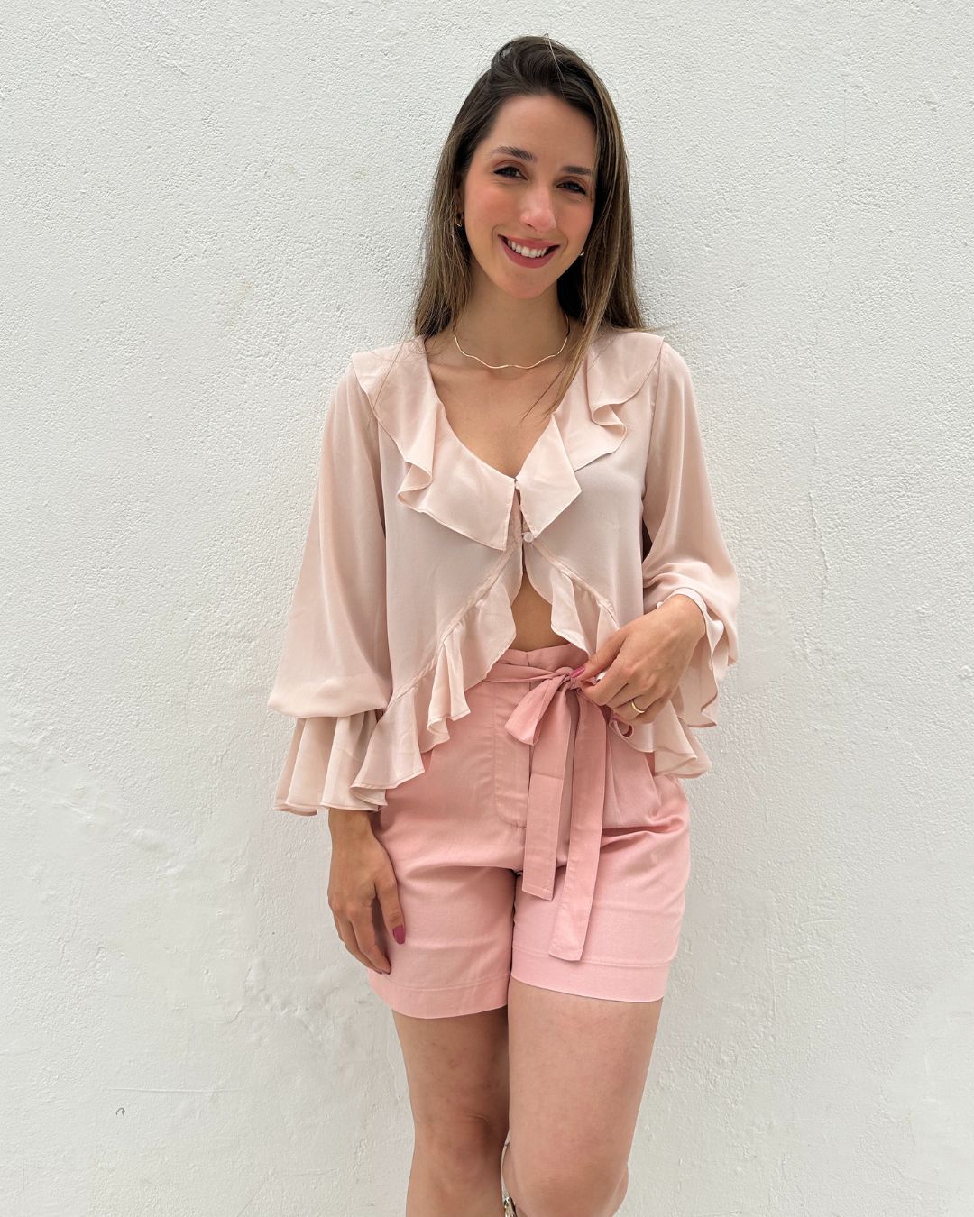 Short Solto Viscolinho Alfaiataria com Cinto Rosa Azaléia
