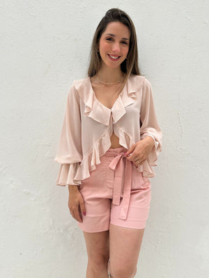 Short Solto Viscolinho Alfaiataria com Cinto Rosa Azaléia