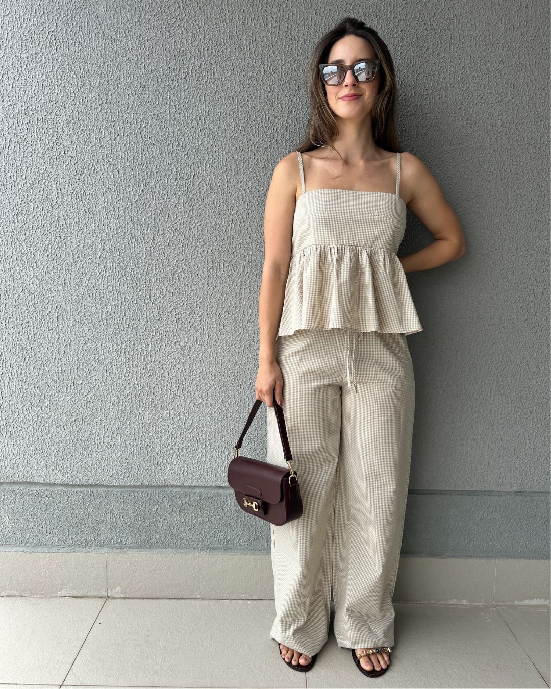 Blusa Peplum Vichy Amêndoa