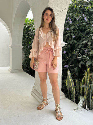 Short Solto Viscolinho Alfaiataria com Cinto Rosa Azaléia