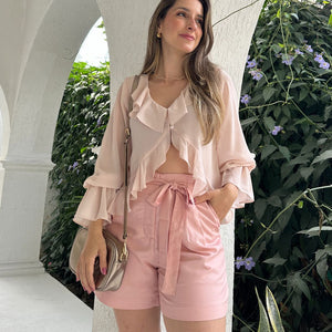 Short Solto Viscolinho Alfaiataria com Cinto Rosa Azaléia