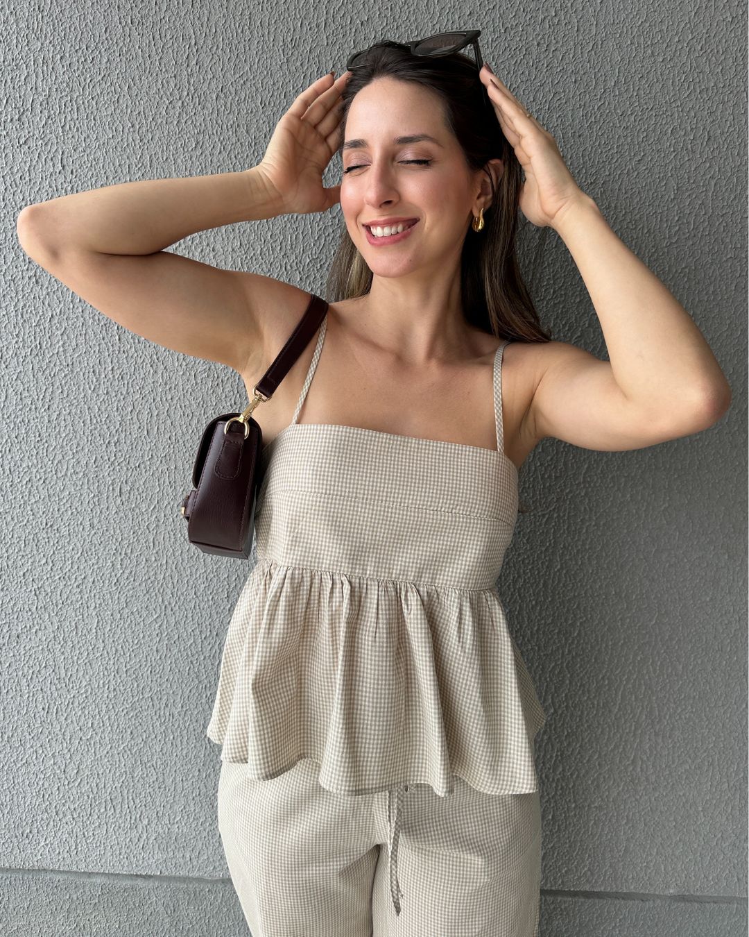 Blusa Peplum Vichy Amêndoa