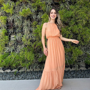 Vestido longo fluido com elastico na cintura coral Melão