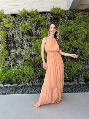 Vestido longo fluido com elastico na cintura coral Melão