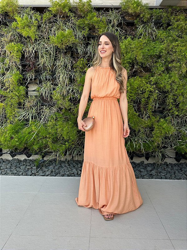 Vestido longo fluido com elastico na cintura coral Melão