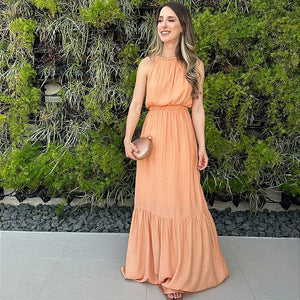 Vestido longo fluido com elastico na cintura coral Melão