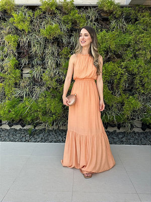 Vestido longo fluido com elastico na cintura coral Melão