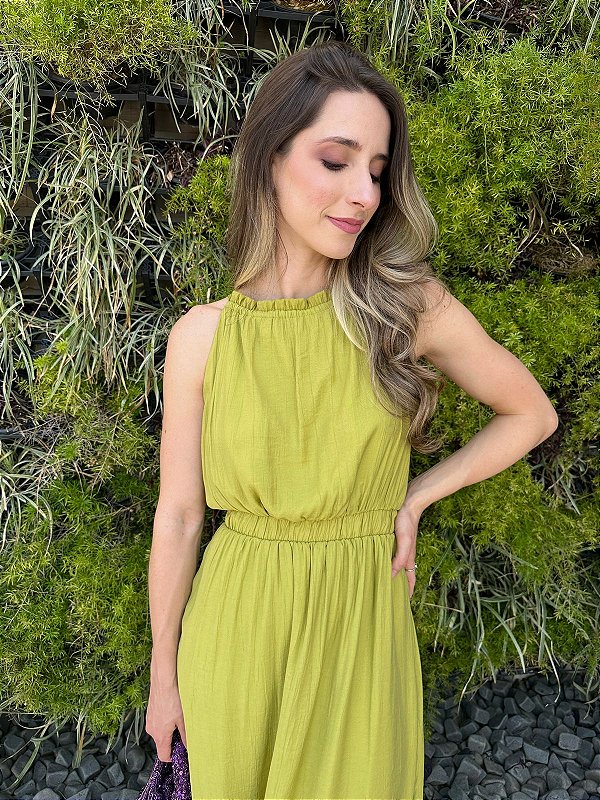 Vestido longo fluido com elastico na cintura verde Melão