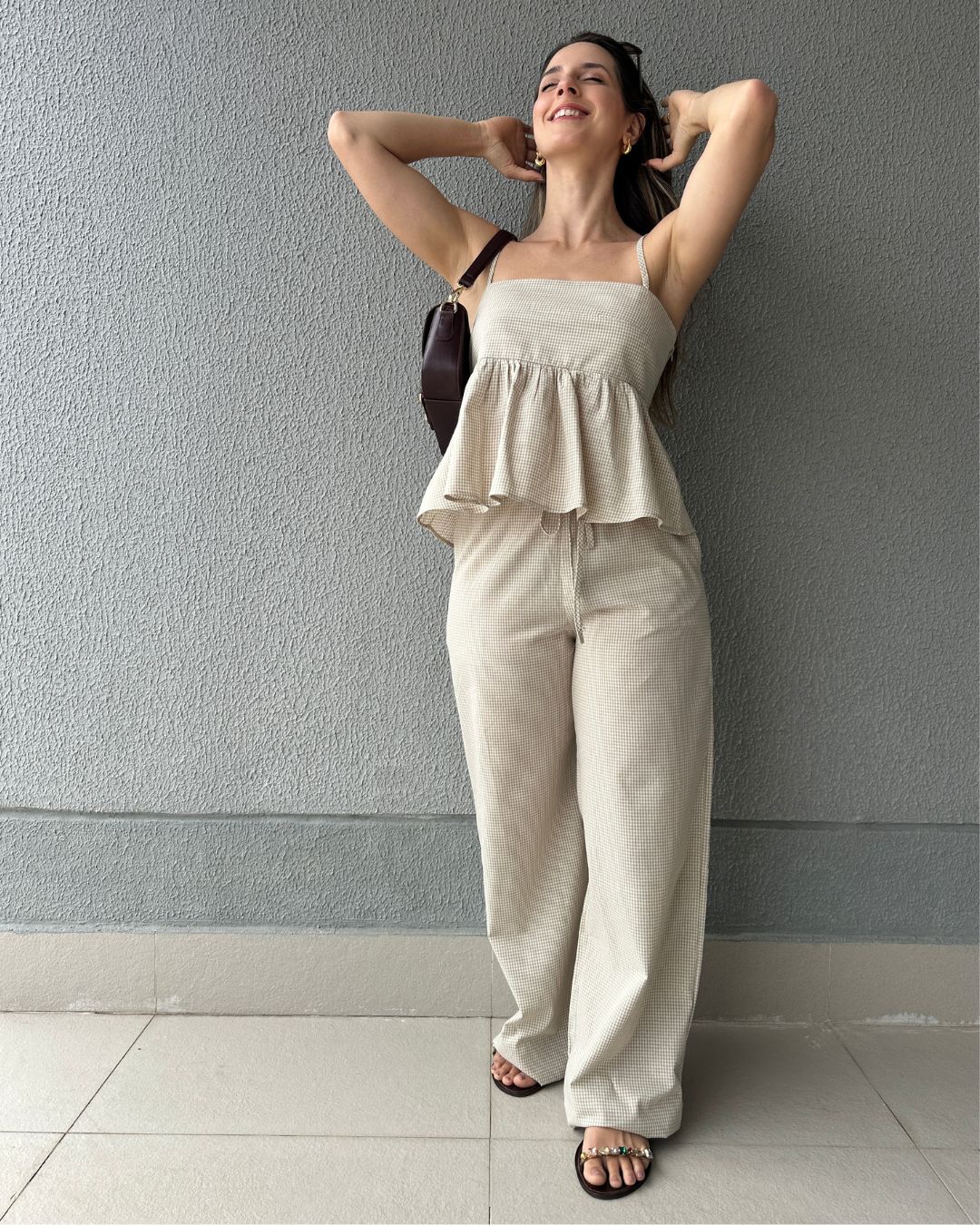 Blusa Peplum Vichy Amêndoa