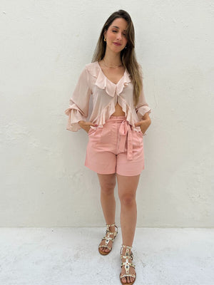 Short Solto Viscolinho Alfaiataria com Cinto Rosa Azaléia