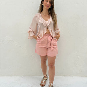 Short Solto Viscolinho Alfaiataria com Cinto Rosa Azaléia