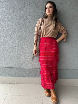 Saia Midi com Camadas Vermelha com Rosa e Lurex Melancia