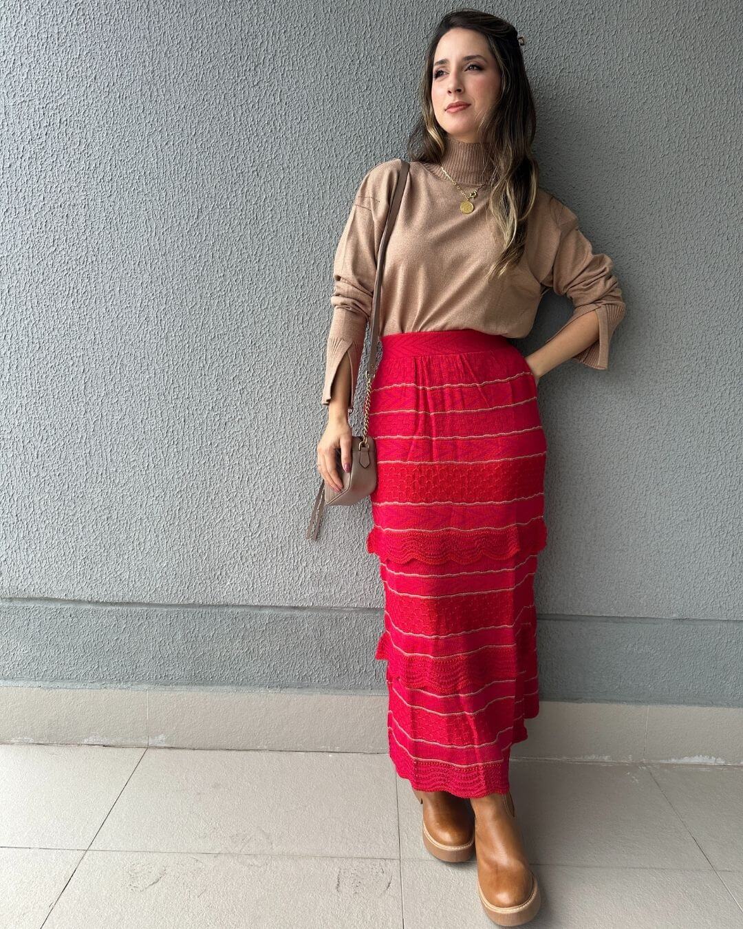 Saia Midi com Camadas Vermelha com Rosa e Lurex Melancia