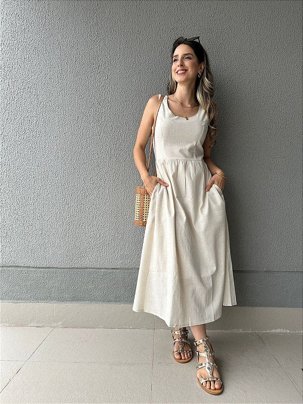 Vestido curto viscolinho saia ampla com bolsos cru Graviola