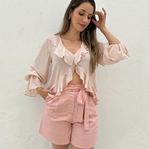 Short Solto Viscolinho Alfaiataria com Cinto Rosa Azaléia