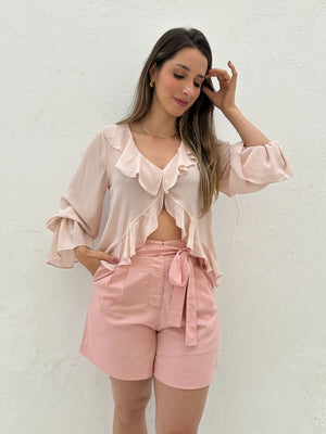 Short Solto Viscolinho Alfaiataria com Cinto Rosa Azaléia