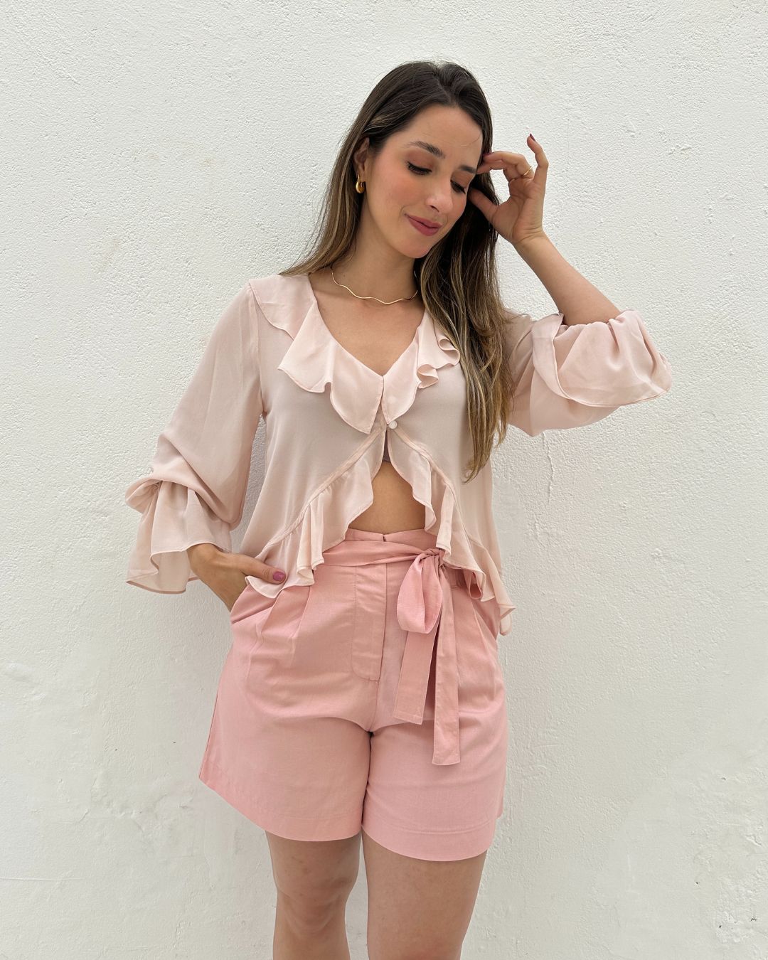 Short Solto Viscolinho Alfaiataria com Cinto Rosa Azaléia