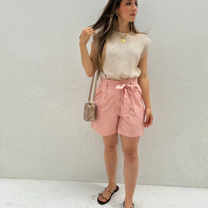 Short Solto Viscolinho Alfaiataria com Cinto Rosa Azaléia