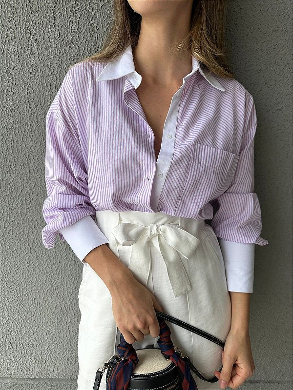 Camisa oversized listrada branco lilás Alamanda