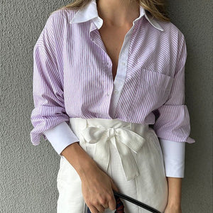 Camisa oversized listrada branco lilás Alamanda