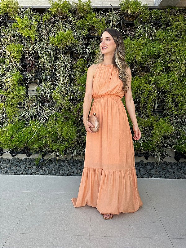 Vestido longo fluido com elastico na cintura coral Melão