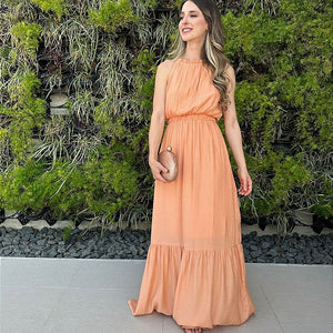 Vestido longo fluido com elastico na cintura coral Melão