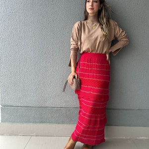 Saia Midi com Camadas Vermelha com Rosa e Lurex Melancia