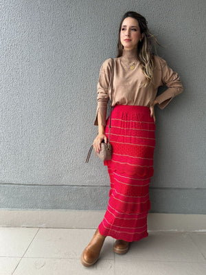 Saia Midi com Camadas Vermelha com Rosa e Lurex Melancia