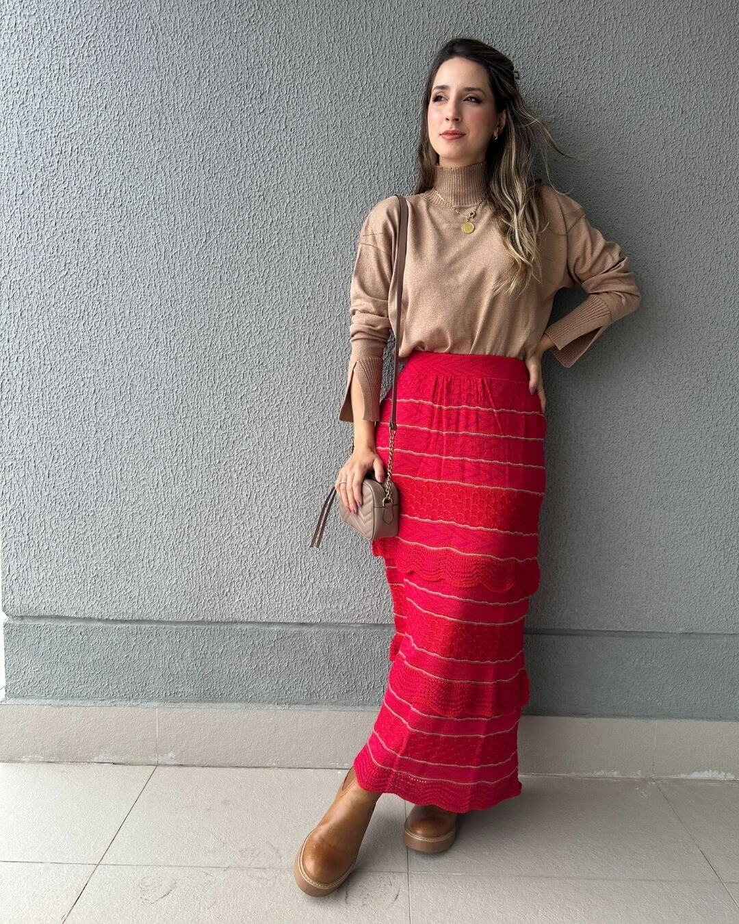 Saia Midi com Camadas Vermelha com Rosa e Lurex Melancia