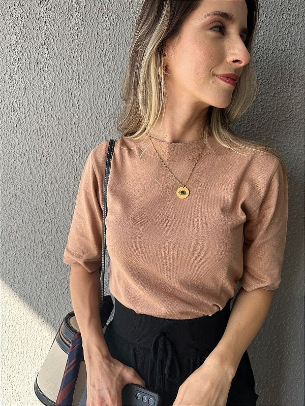 Blusa em tricot com manga curta linha basic bege Maçã