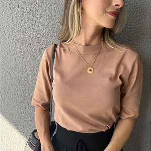 Blusa em tricot com manga curta linha basic bege Maçã