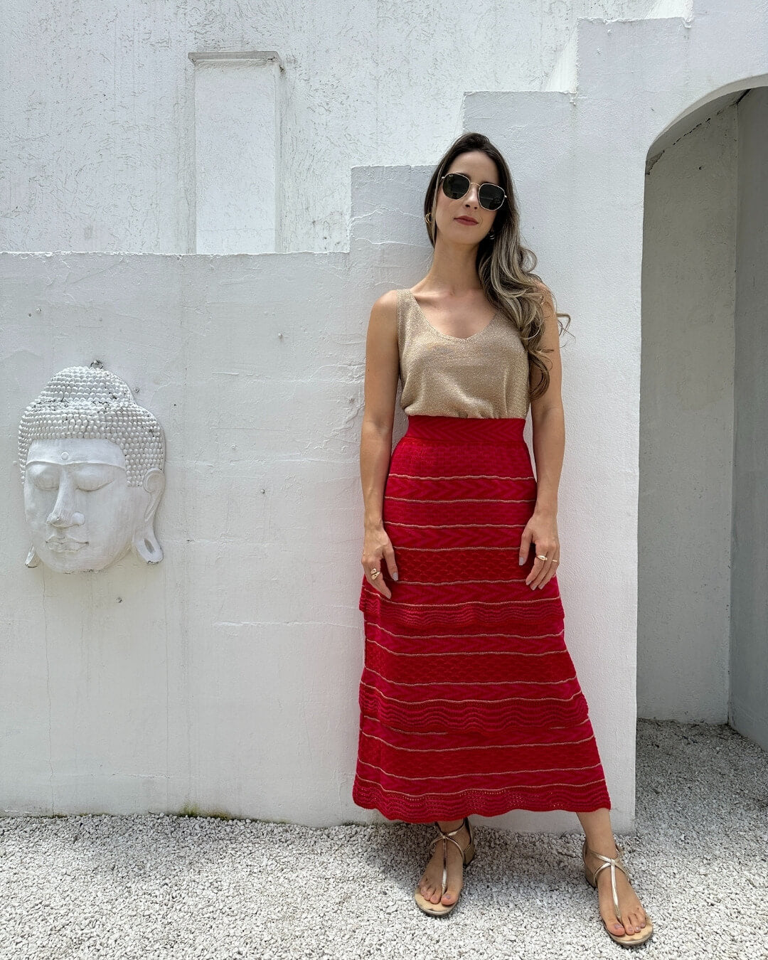 Saia Midi com Camadas Vermelha com Rosa e Lurex Melancia