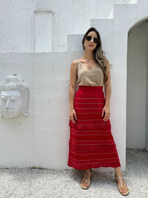 Saia Midi com Camadas Vermelha com Rosa e Lurex Melancia