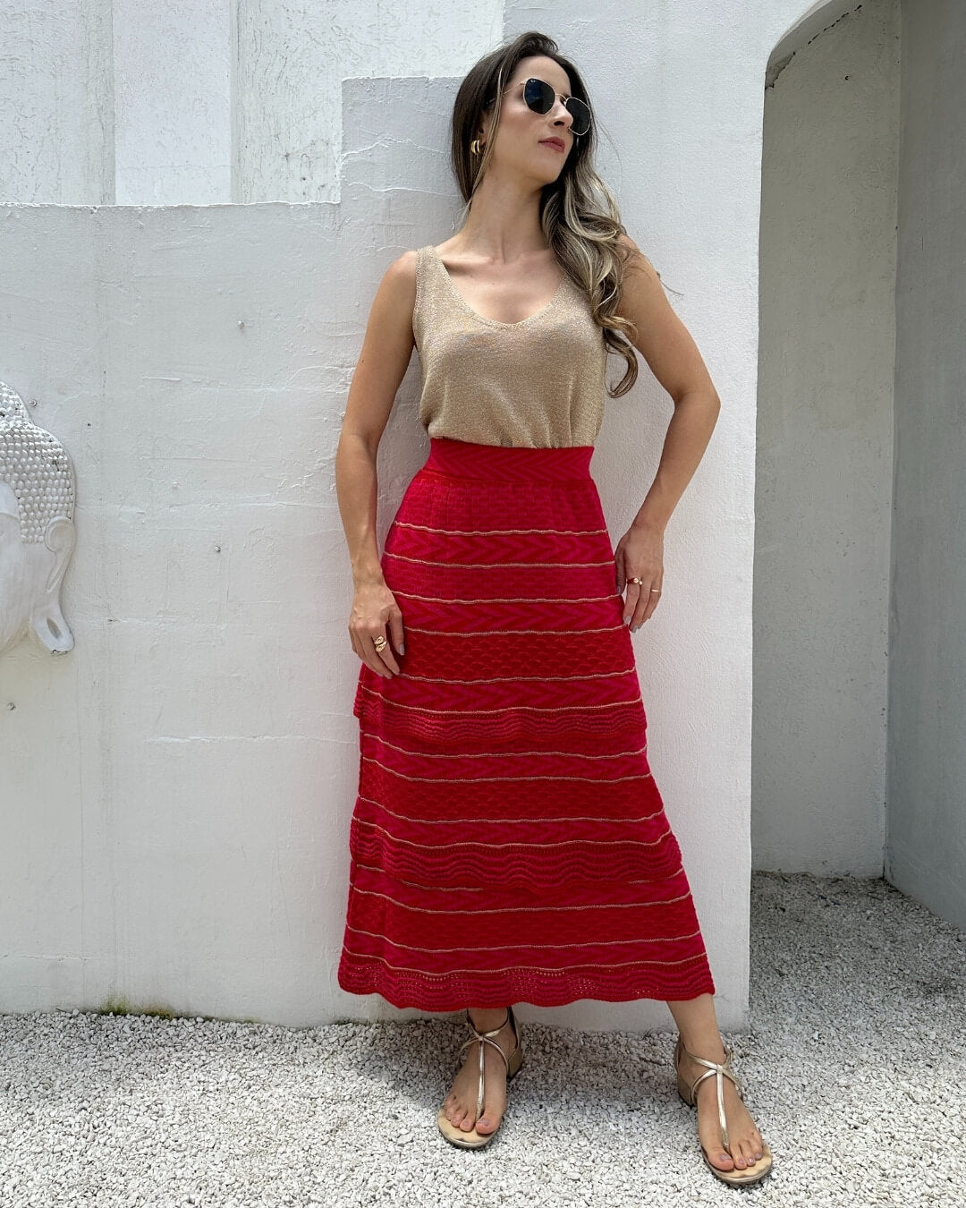 Saia Midi com Camadas Vermelha com Rosa e Lurex Melancia